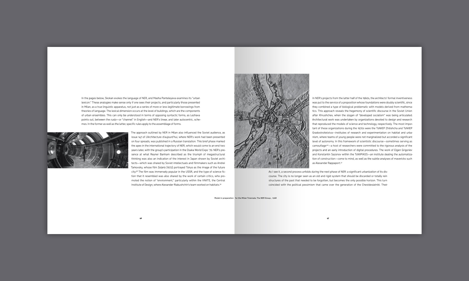 City of the Future book spread showing four blocks of typography, an image of a spacecraft's tubular corridor from the film 'Solaris' by Andrei Tarkovsky and a model of a city seen from above