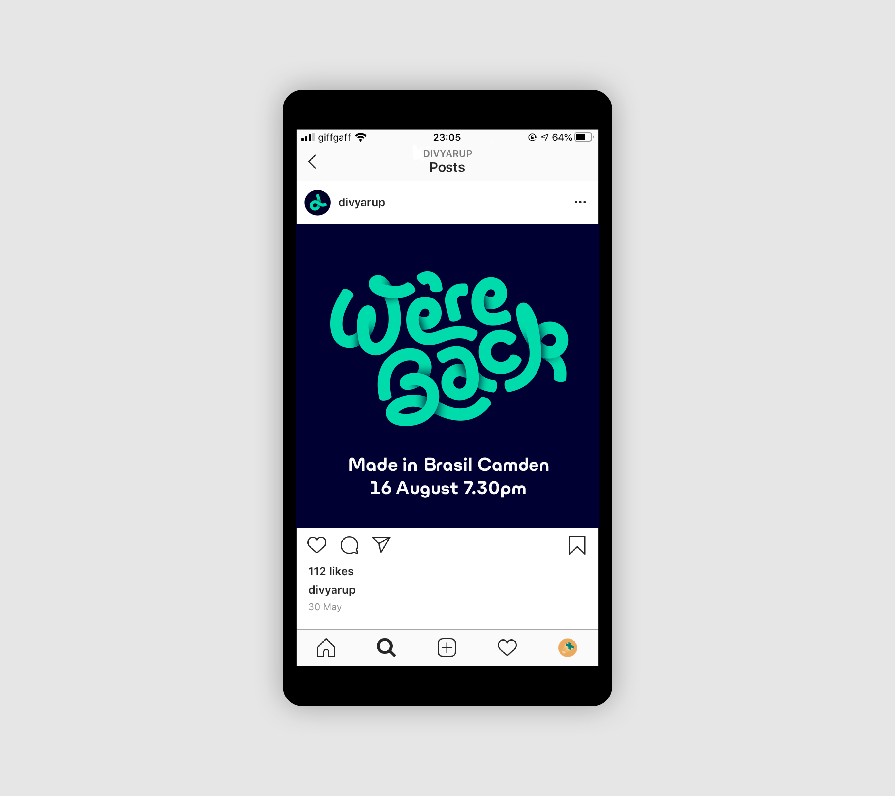 Divyarup Latin Band Instagram post saying 'we're back' in the same style as the logotype
