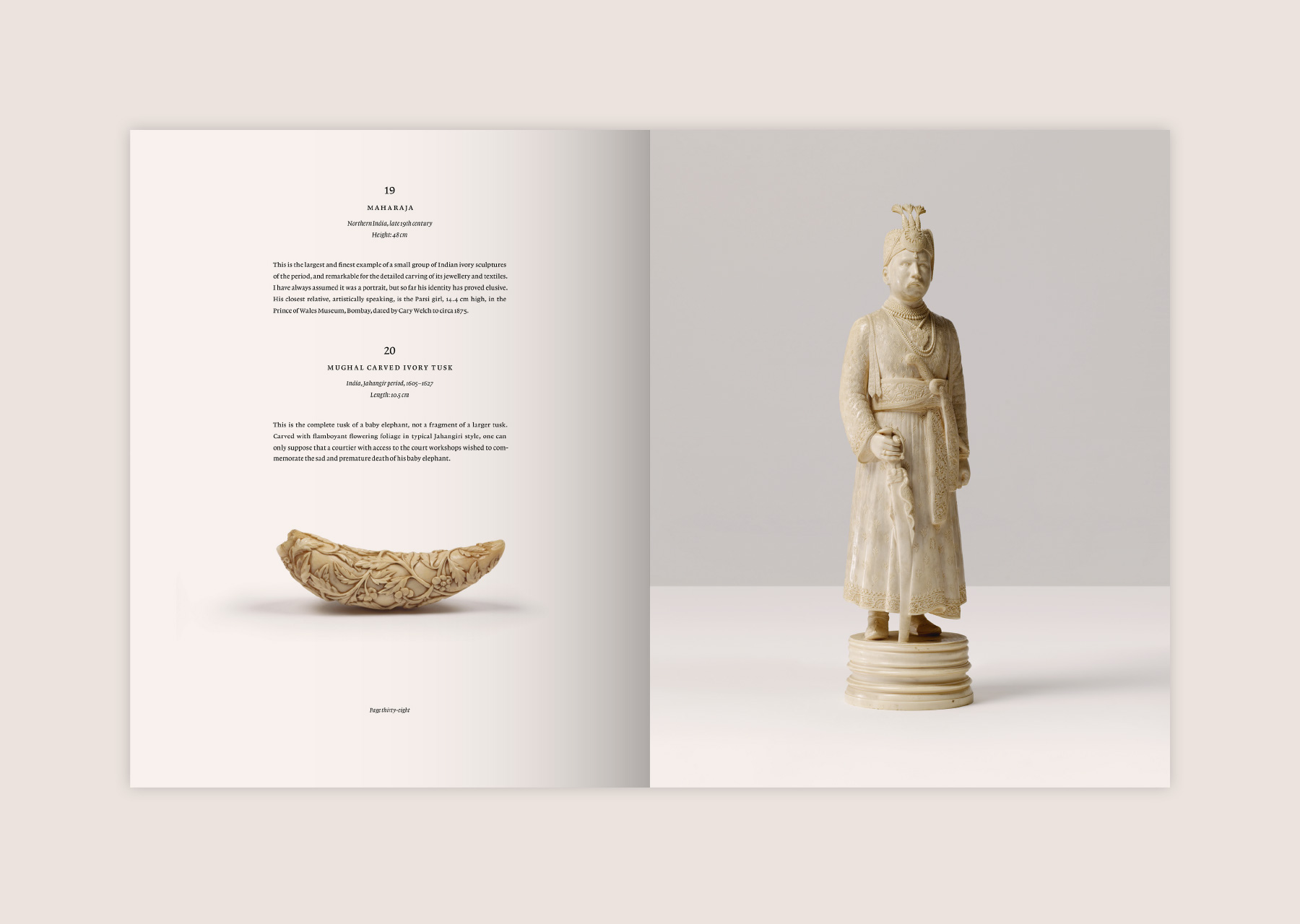 Every object catalogue spread showing a Maharaja sculpture and a Mughal carved ivory tusk with flowering foliage