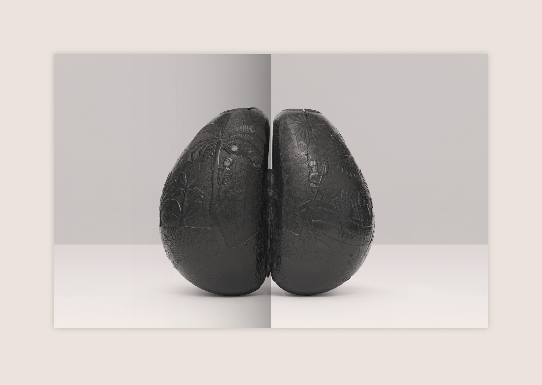 Every object catalogue spread showing a magnificent carved coco-de-mer with figures in a boat and a man shinning up a coconut palm