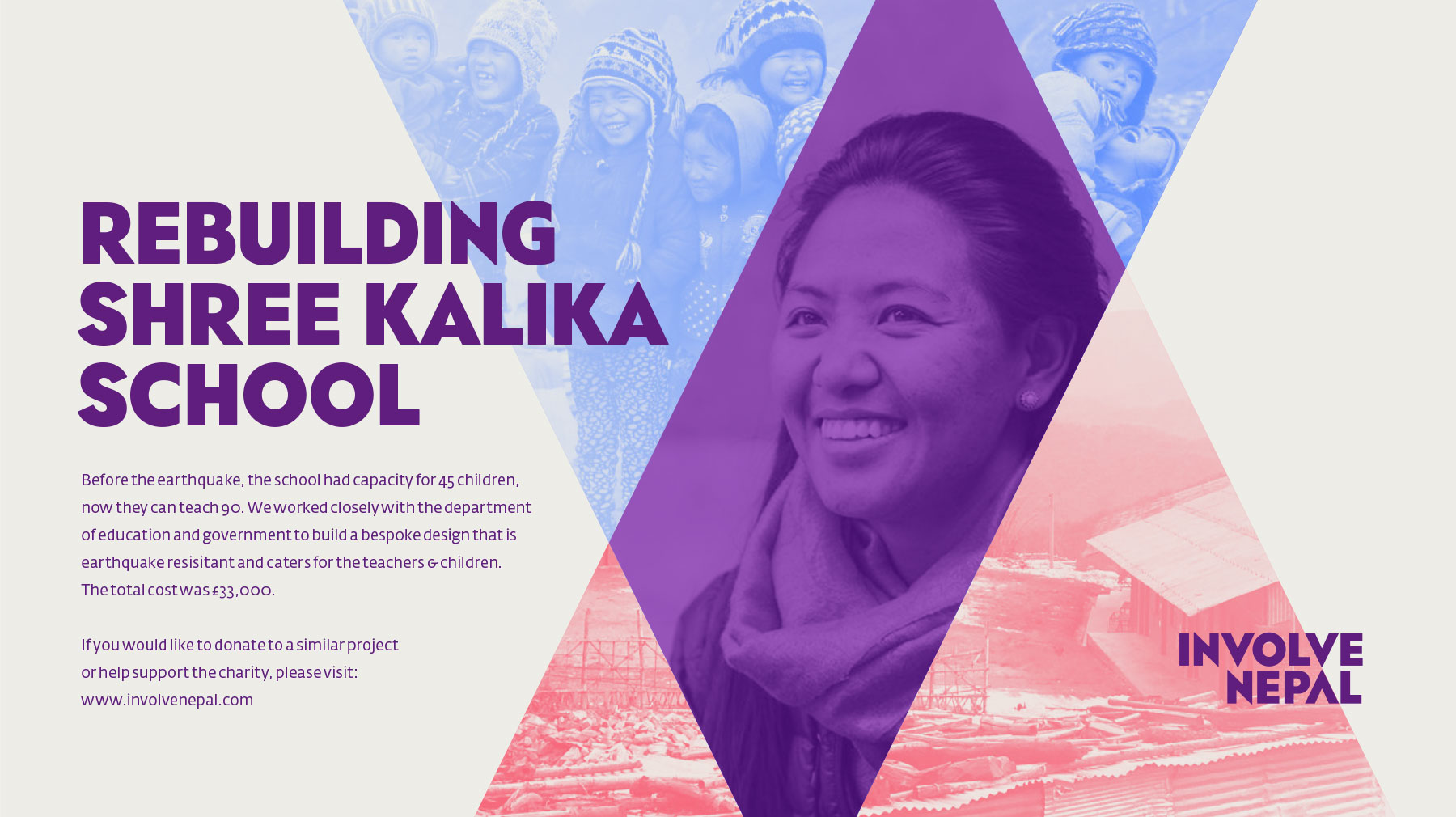 Involve Nepal poster about a school rebuid following an earthquake. It shows a happy teacher and group of children