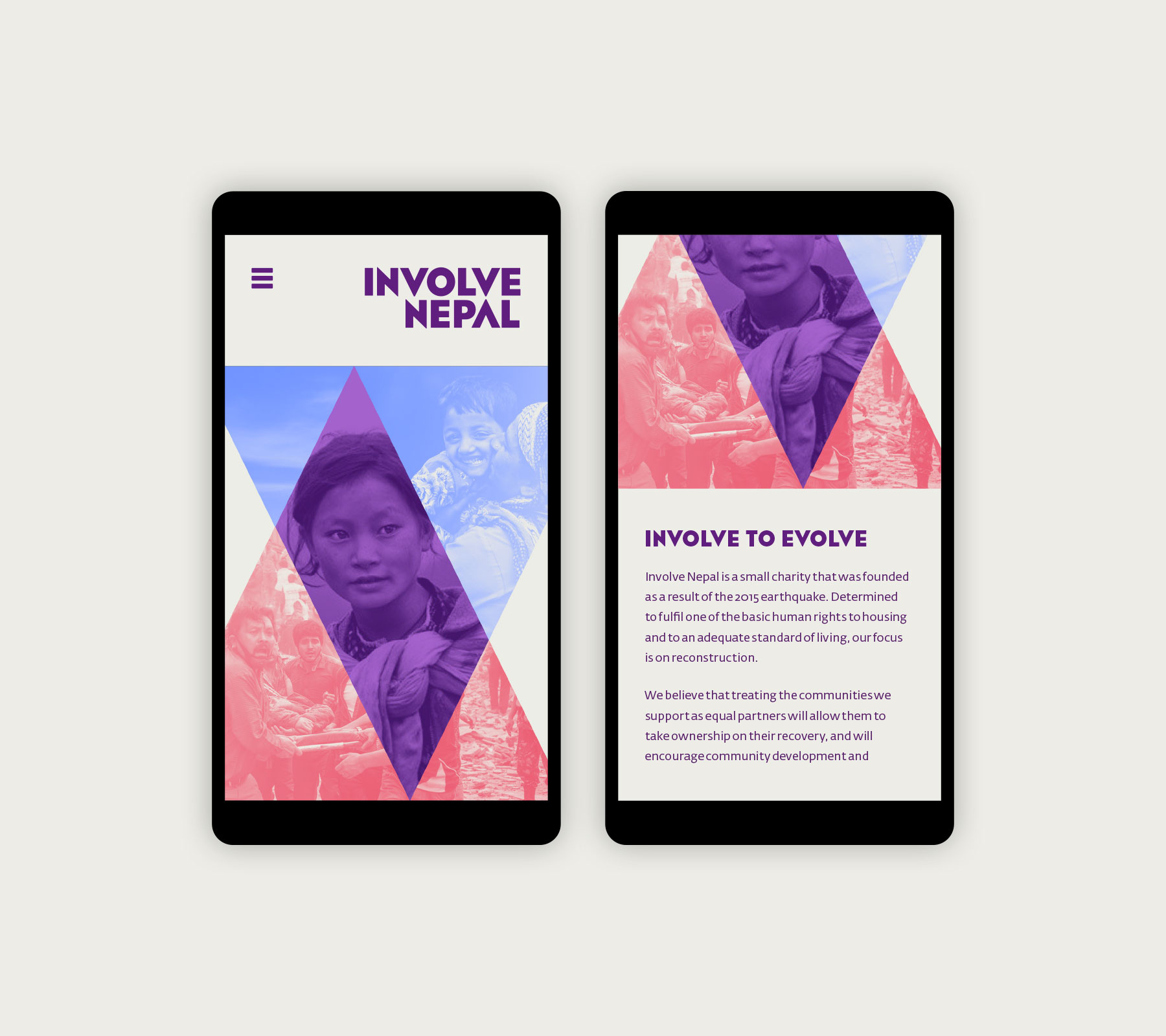Involve Nepal website design for the phone showing logotype and imagery of people in suffering and people happy