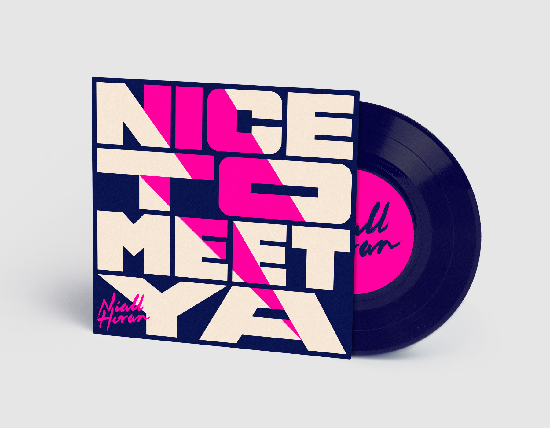 Vinyl cover with very bold sans-serif type and a fluorescent pink lightning bolt through the design