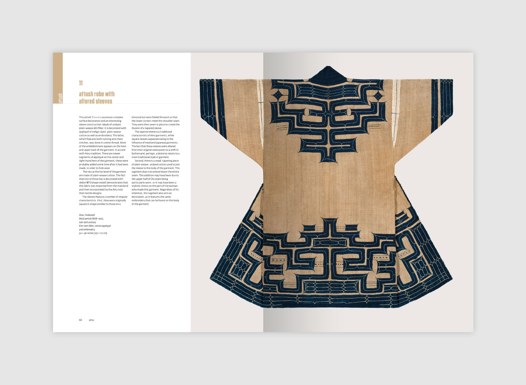 Textiles of Japan book spread showing an Attush robe made from elm fiber. It is decorated with appliqué of indigo-dyed, plain-weave cotton as well as embroidery