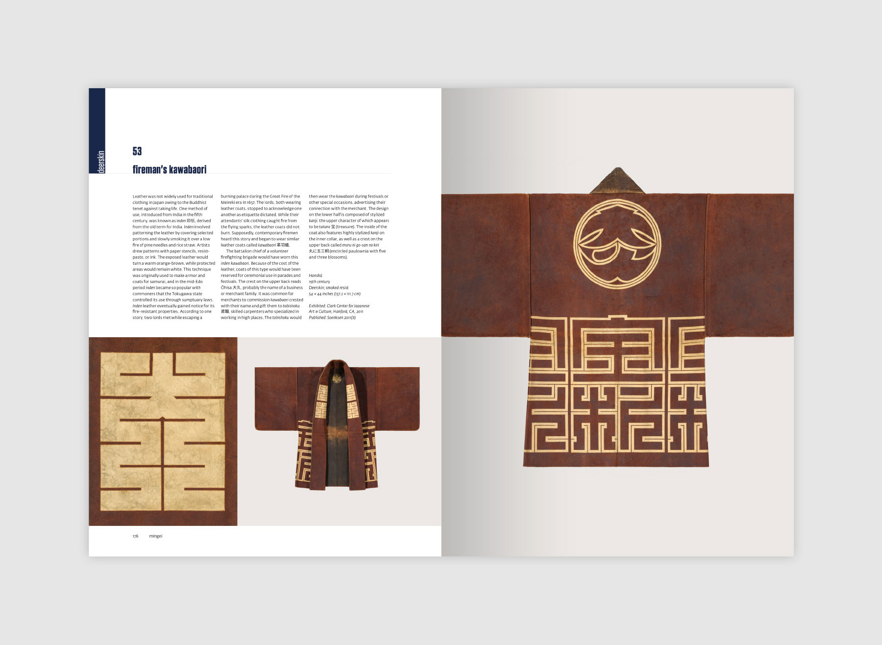 Textiles of Japan book spread showing a fireman’s kawabaori in leather with resist-patterning